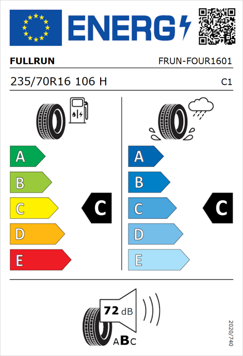 Tyre Label for Fullrun Frun-Four 235/70R16 106H