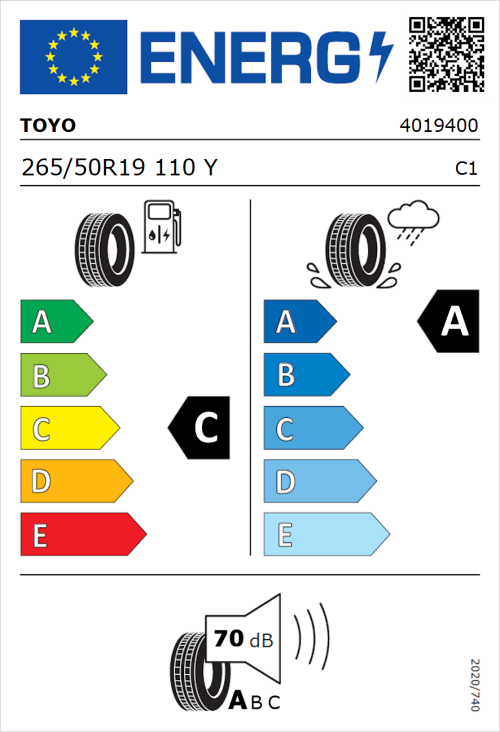 Tyre Label for Toyo Proxes Sport 265/50R19 110Y