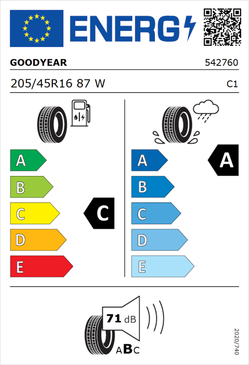 Tyre Label for Goodyear EfficientGrip Performance 205/45R16 87W