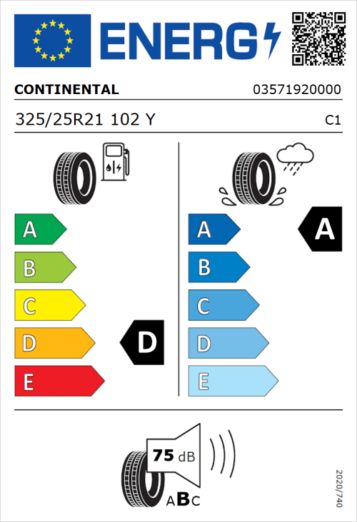 Tyre Label for Continental SportContact 6 325/25R21 102Y