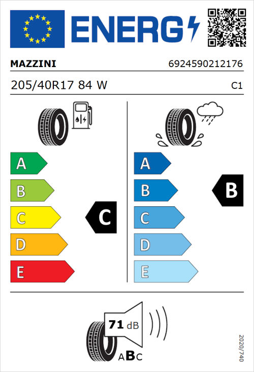 Tyre Label for Mazzini Eco 607 205/40R17 84W