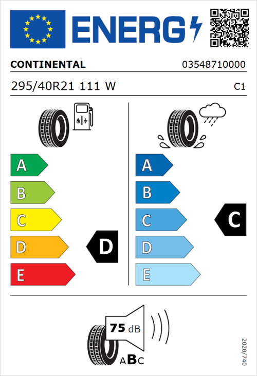 Tyre Label for Continental ContiCrossContact UHP 295/40R21 111W